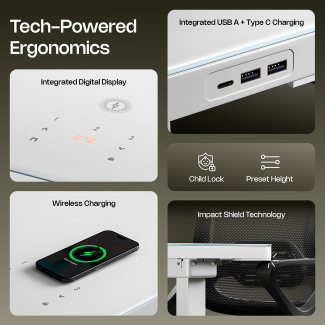 Prism Premium Height Adjustable Table Writable Glass Top with Integrated Smart Charging & Touch Controller