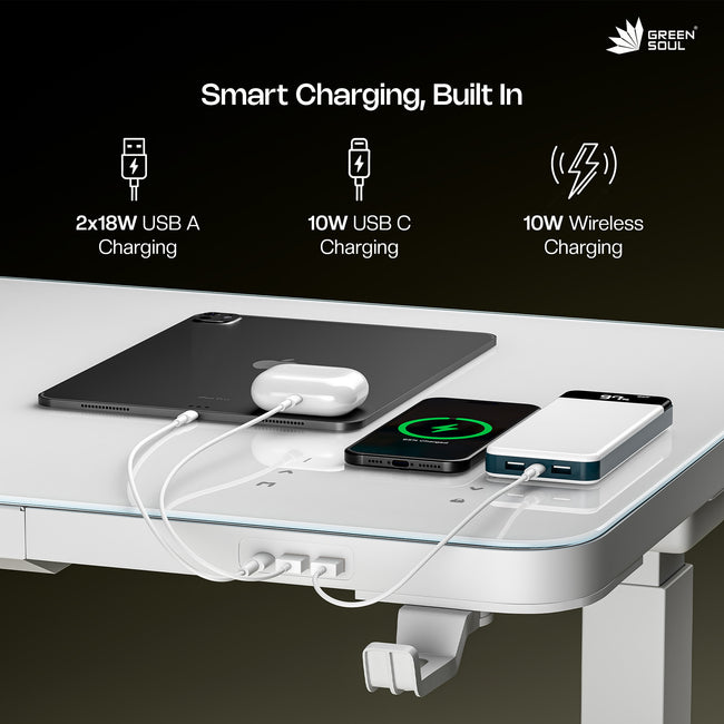 Prism Premium Height Adjustable Table Writable Glass Top with Integrated Smart Charging & Touch Controller
