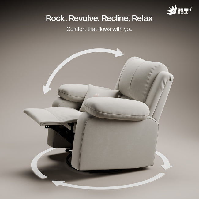 Green Soul Laze 2.0 Rock, Revolve & Recline (R3) Easy Access Side Pocket & Soft Cushion Single Seater Manual Recliner Sofa