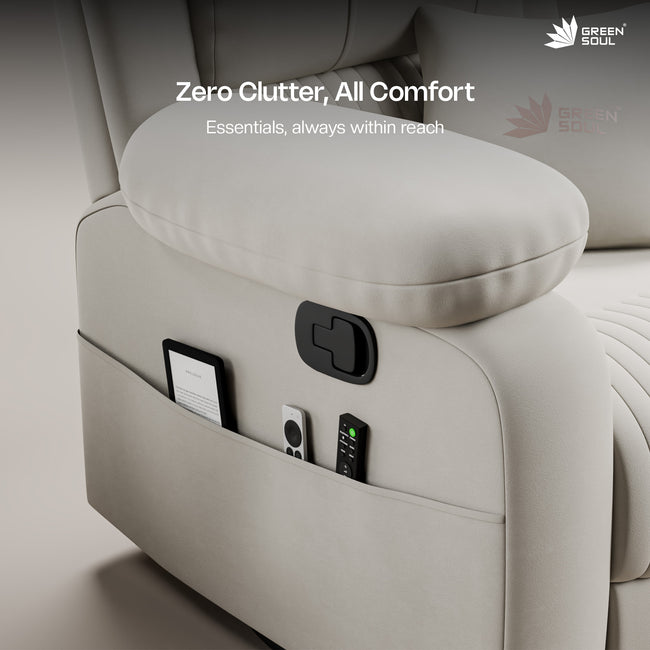 Green Soul Laze 2.0 Rock, Revolve & Recline (R3) Easy Access Side Pocket & Soft Cushion Single Seater Manual Recliner Sofa