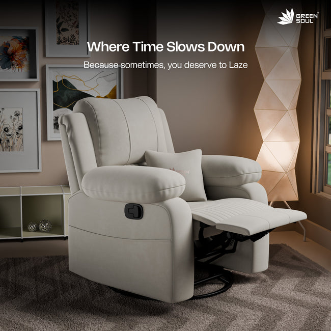 Green Soul Laze 2.0 Rock, Revolve & Recline (R3) Easy Access Side Pocket & Soft Cushion Single Seater Manual Recliner Sofa