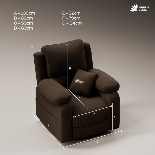 Green Soul Laze 2.0 Rock, Revolve & Recline (R3) Easy Access Side Pocket & Soft Cushion Single Seater Manual Recliner Sofa