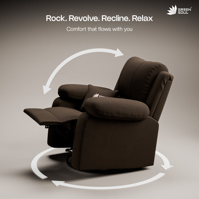 Green Soul Laze 2.0 Rock, Revolve & Recline (R3) Easy Access Side Pocket & Soft Cushion Single Seater Manual Recliner Sofa