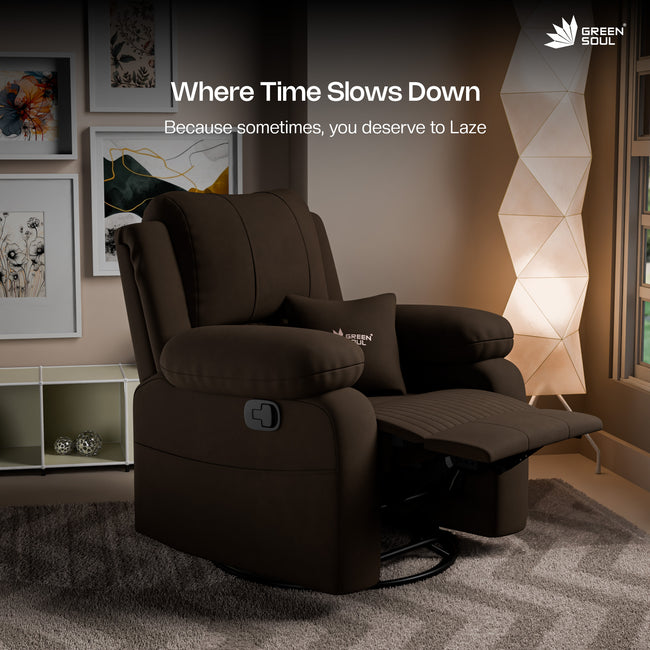 Green Soul Laze 2.0 Rock, Revolve & Recline (R3) Easy Access Side Pocket & Soft Cushion Single Seater Manual Recliner Sofa