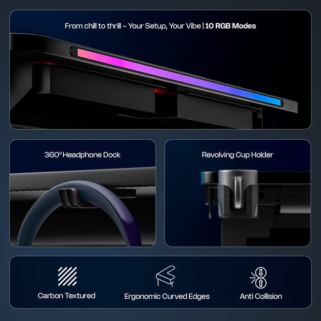 Phantom Gaming Height Adjustable Table with Smart Cable Routing and Inbuilt Monitor Riser