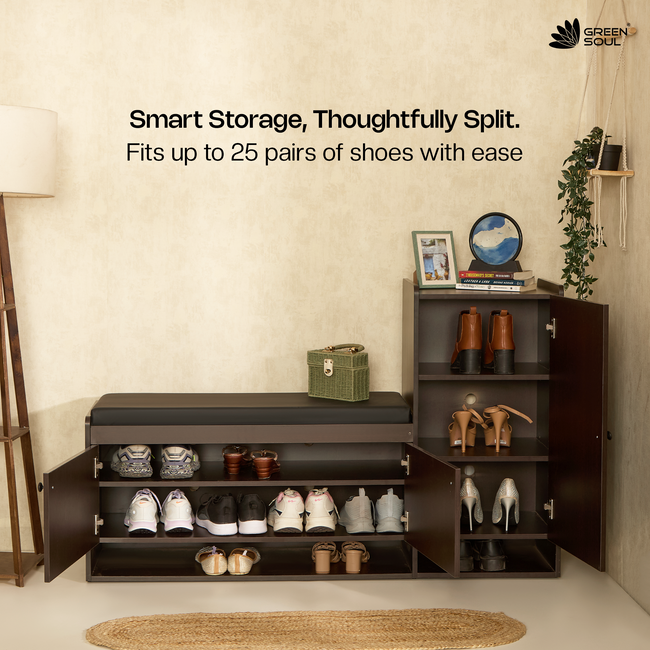 Fortuna 2+1 Door Engineered Wood Shoe Rack with Seating 8 Shelves, 3 Doors Stores up to 25 Pair of Shoes