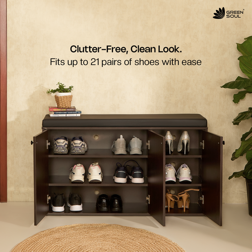 Fortuna 3 Door Engineered Wood Shoe Rack with Seating 7 Shelves, 3 Doors Stores up to 21 Pair of Shoes