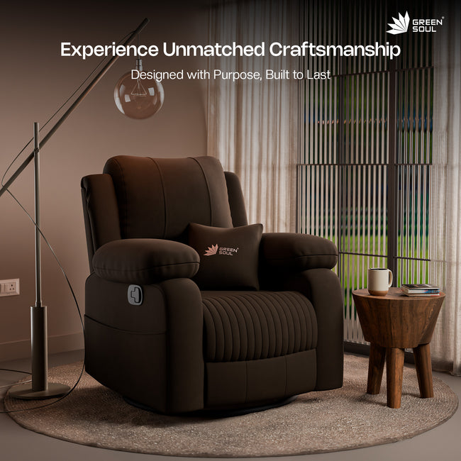 Green Soul Laze 2.0 Rock, Revolve & Recline (R3) Easy Access Side Pocket & Soft Cushion Single Seater Manual Recliner Sofa