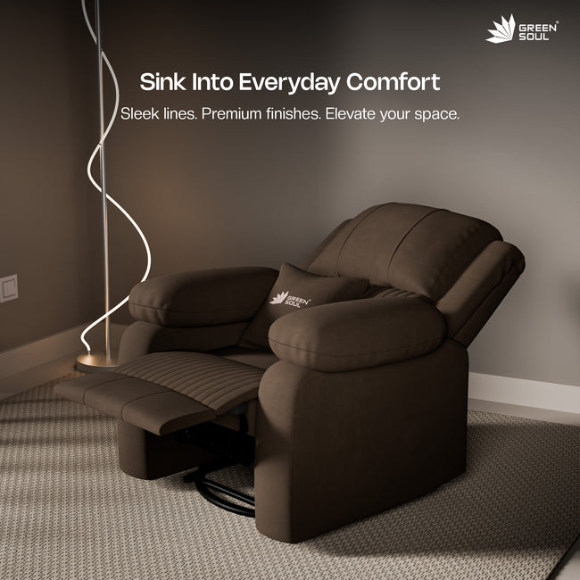 Green Soul Laze 2.0 Rock, Revolve & Recline (R3) Easy Access Side Pocket & Soft Cushion Single Seater Manual Recliner Sofa