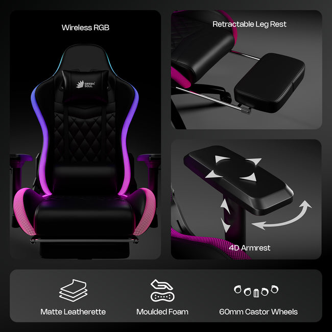 Green Soul Ghost RGB Ergonomic Gaming Chair Premium PU Leather Upholstery with Diamond Stitching