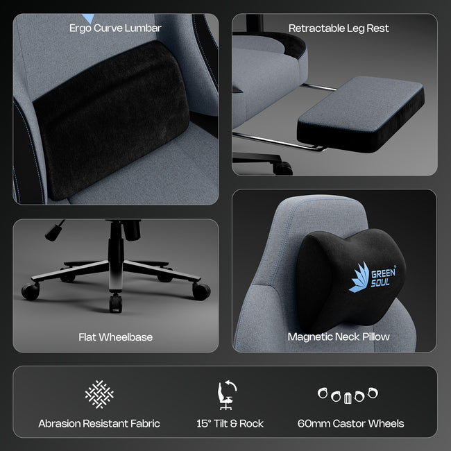 Green Soul Vision Pro V2 Premium Fabric 4D Armrests & Flat Wheelbase Ergonomic Gaming Chair