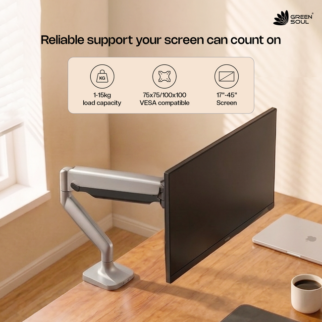Green Soul Heavy Duty Single Monitor Gas Spring Stand Fits 17-45" Screen-15Kg Weight Capacity