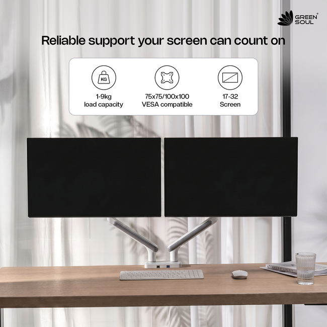 Green Soul Dual Monitor Gas Spring Stand Fits 13-32" Screen 9Kg Weight Capacity With USB A 3.0 & C Ports