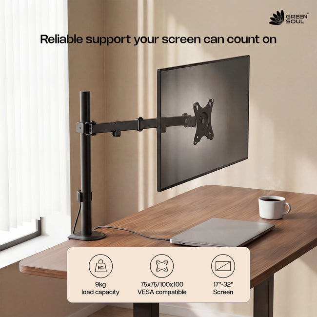 Green Soul Single Monitor Height Adjustable Stand Fits 13-32" Screen 9Kg Weight Capacity