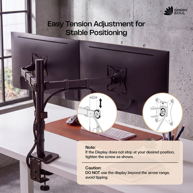 Green Soul Dual Monitor Height Adjustable Stand Fits 13-32" Screen 9Kg Weight Capacity