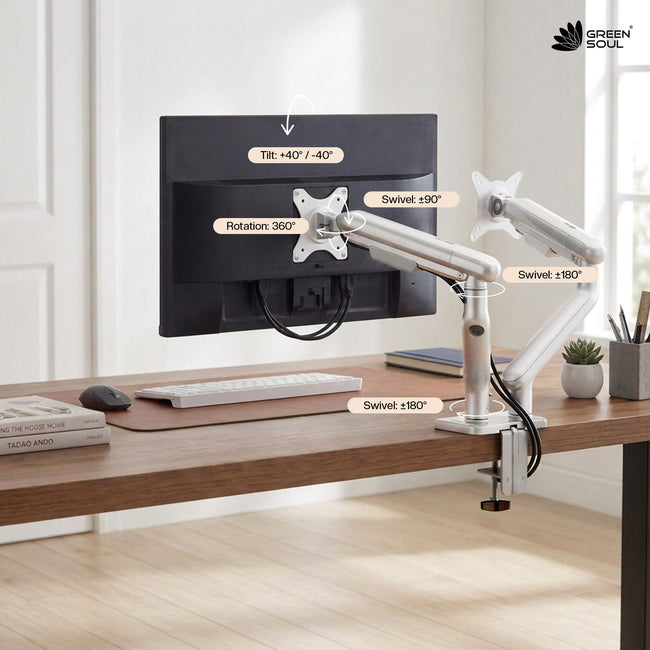 Green Soul Dual Monitor Gas Spring Stand Fits 13-32" Screen 9Kg Weight Capacity With USB A 3.0 & C Ports