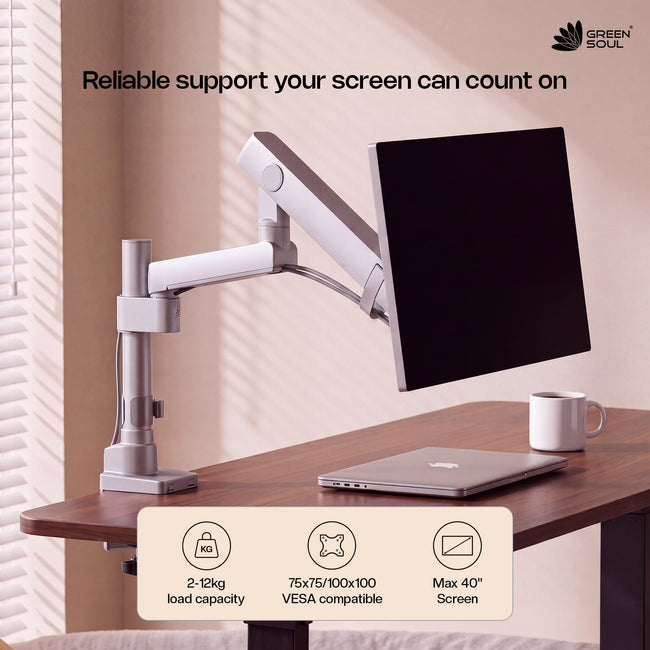 Green Soul Heavy Duty Single Monitor Gas Spring Height Adjustable Stand Fits 17-40" Screen 12Kg Weight Capacity