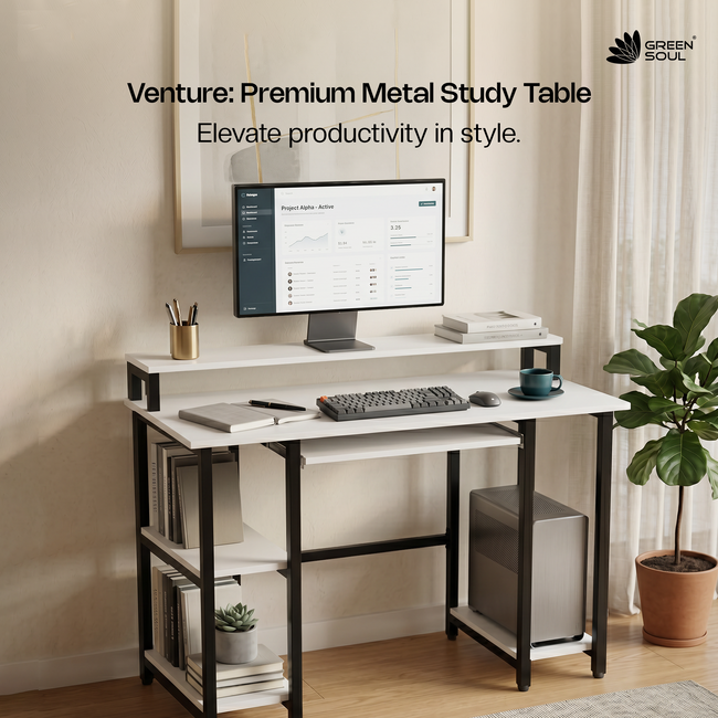 Green Soul Venture Metal Base Office Study Table with Keyboard Tray Monitor Riser