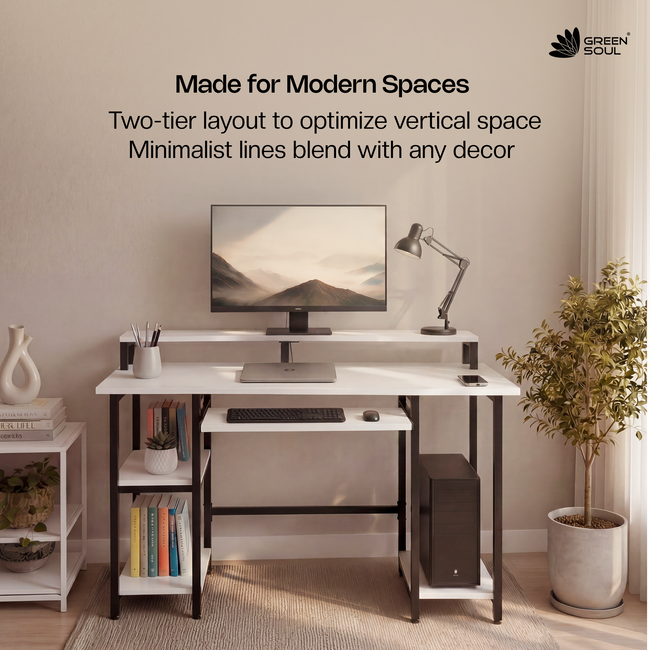 Green Soul Venture Metal Base Office Study Table with Keyboard Tray Monitor Riser