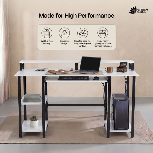 Green Soul Venture Metal Base Office Study Table with Keyboard Tray Monitor Riser