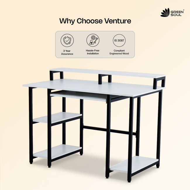 Green Soul Venture Metal Base Office Study Table with Keyboard Tray Monitor Riser