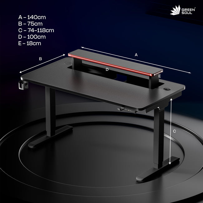 Phantom Gaming Height Adjustable Table | Smart Wire Routing | 15W Fast Wireless Charging| 25mm Thick Carbon Textured Top | Precision Motor High Speed Lifting
