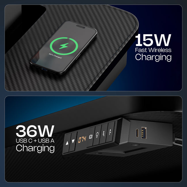 Phantom Gaming Height Adjustable Table | Smart Wire Routing | 15W Fast Wireless Charging| 25mm Thick Carbon Textured Top | Precision Motor High Speed Lifting