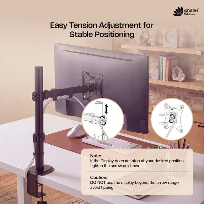 Green Soul Single Monitor Height Adjustable Stand Fits 13-32" Screen 9Kg Weight Capacity